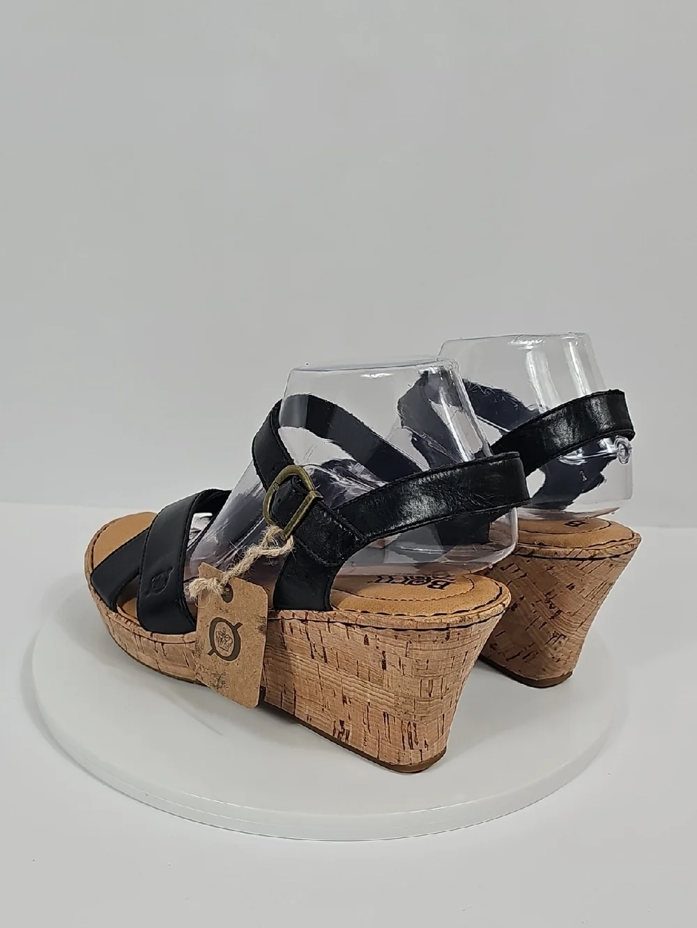 NWT Born Leather Wedge Sandals Cork-Style Platform Cross Strap Black 10 Boho